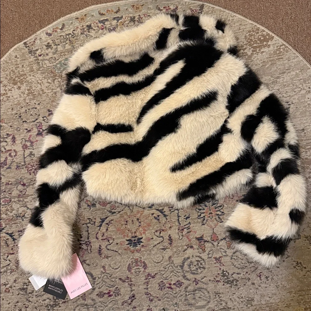 Avec Les Filles Faux-Fur Zebra Cropped Coat Anthropologie